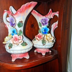 Two Vintage Ceramic Pitchers white/pink with applied flowers and Glazed Foot